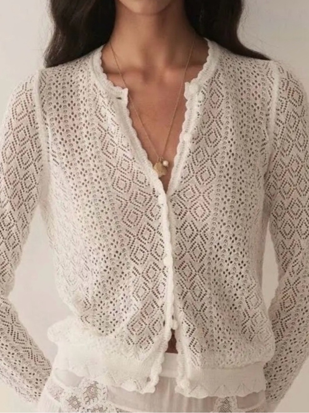 Doen Diane Pointelle Lace Crochet Button Knit Cardigan- Ivory Size Small